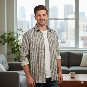 SOLUTIONS Men's Paisley Stripe Denim Collar Button Up Shirt Long Sleeve - Size M